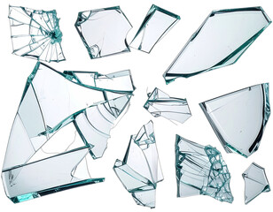 Isolated shards of shattered, transparent glass fragments against a black backdrop, showcasing reflections