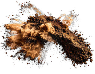 Brown powder explosion with dynamic particles against a black background