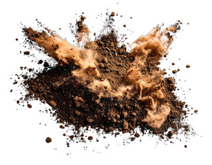 Close-up of brown soil exploding on a black background, with cloud-like dust