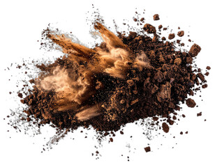 An artistic image showing a burst of rich brown dirt, scattering against a pure black background