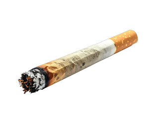Close-up of a smoldering cigarette on a black background, showing ash and burn marks