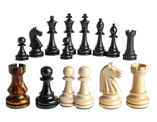 Chess pieces arrangement, contrasting dark and light sets, game elements