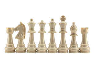 Close-up of eight ivory chess pieces arranged in a row against a black background