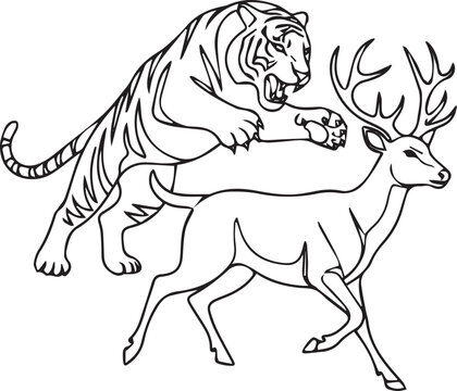 Tiger single Line set logo icon design illustration attacking movement of Deer victor art without background.