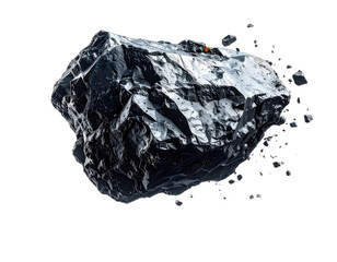 Large, jagged celestial object with a reflective surface and scattered smaller debris on black