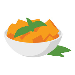 Fresh mango cubes in white ceramic bowl with mint garnish on transparent background vector