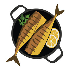 Grilled fish fillets served in black frying pan with fresh lemon slices and green parsley