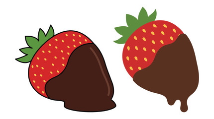 Two chocolate dipped strawberries, one dripping, isolated on transparent background