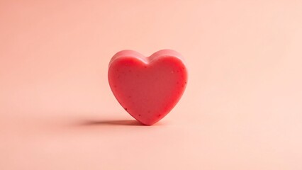 Obraz premium A single, vibrant red heart shape rests on a soft pink background, symbolizing love and affection.