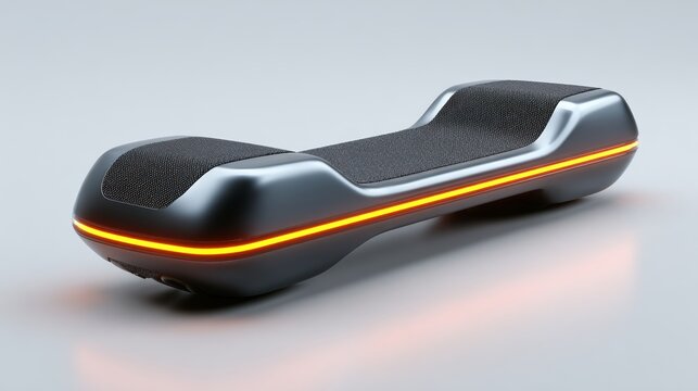 A futuristic skateboard with orange and black stripes. The skateboard is designed to look like a phone