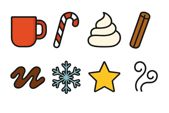 Festive Coffee Icons. Holiday Coffee Blend modern flat vector icons: mug, candy cane, whipped cream, cinnamon stick, chocolate drizzle, snowflake, star, steam curls