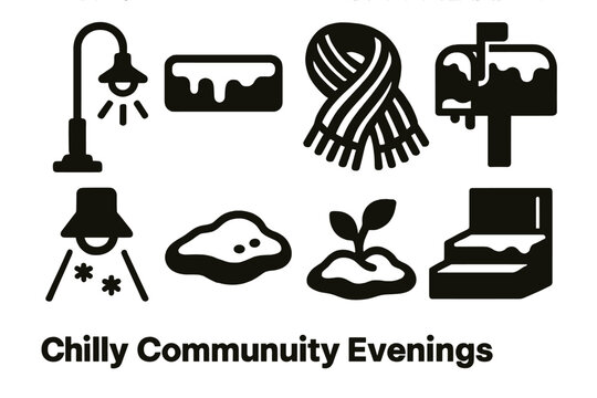 Chilly Evening Icons. Chilly Community Evenings silhouette set: streetlight, frozen curb, warm scarf, mailbox frost, gentle beam, snow patch, tiny plant, front porch steps
