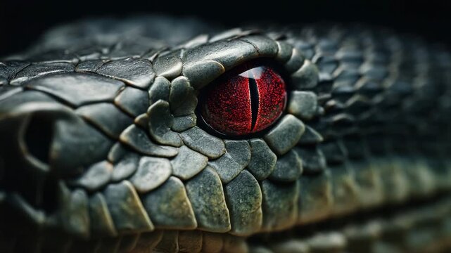 Close-up of a black snake's eye showcasing intricate scales and vivid red iris, highlighting the detailed texture and color variations in a natural setting