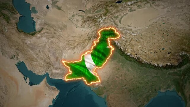 Pakistan map animation with flag colors and glowing border on satellite view