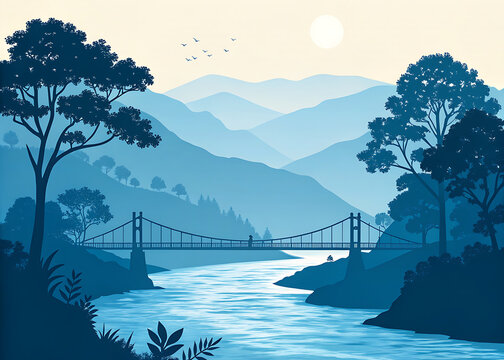Rishikesh river and bridge  minimal vector landscape  calming blues