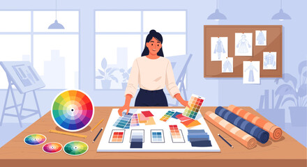 Woman choosing color palette swatches.