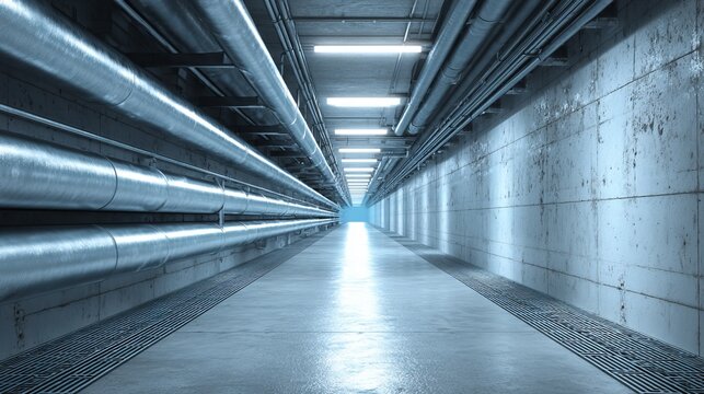 Industrial underground corridor with long parallel metal pipes running along the left wall, multiple cylindrical pipes in uniform alignment creating strong linear perspective.