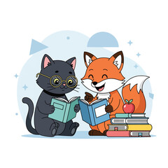 Cat and Fox Reading Together