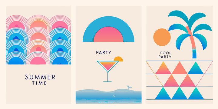 Colorful summer themed illustrations featuring arches waves palm trees and geometric shapes
