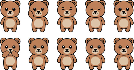 Obraz premium Cute Baby Teddy Bear Cartoon Mascot Vector Set 10 Funny Poses