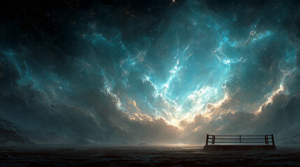 Wide shot  , a boxing stage in the paradise with fantasy sky , epic action background image.