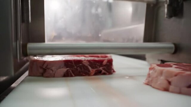 Meat Processing Line with Fresh Cuts Moving Along Conveyor in a Modern
