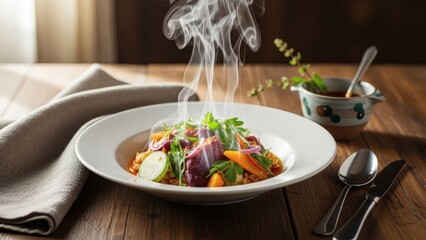 Steaming Hot Vegetable Dish on Wooden Table.