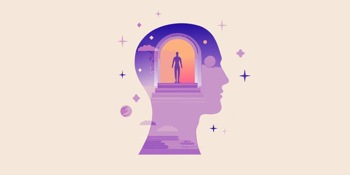 person standing in doorway of head with purple and orange hues