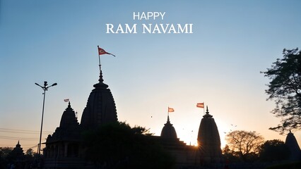 Obraz premium Ram Navami Festival Poster With Temple Silhouettes
