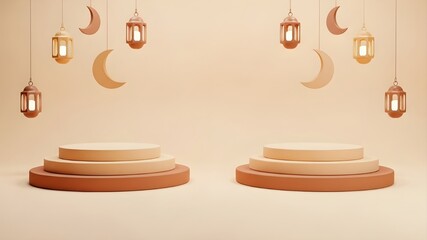 Double Ramadan Podium Display: Twin beige pedestals, hanging terracotta lanterns and crescent moons, soft cream background, minimalist 3D scene, Islamic product showcase concept