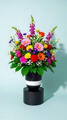 Vibrant flower arrangement in black and white vase on pedestal