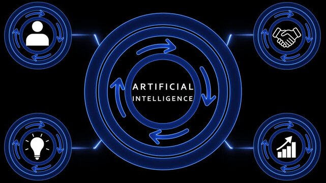 Artificial intelligence concept with glowing blue circular diagram and icons technology machine learning