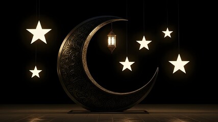 Giant Filigree Moon Sculpture: Large dark metal crescent, hanging central lantern, glowing stars in dark night sky, 3D Islamic art installation, Ramadan and Eid celebration concept