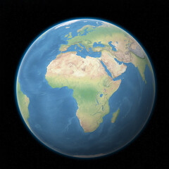 Fototapeta premium Detailed 3D render of Planet Earth from space, showing Europe, Africa, and parts of Asia, with blue oceans, a glowing atmosphere, and a starry background.