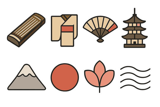 Isometric Koto Icons. Japanese Koto flat icons: koto, kimono sleeve, fan, pagoda, mountain line, sun disc, flower petal, harmony lines