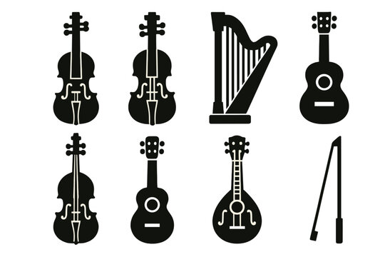 Brutalist String Icons. String Instrument silhouette set: violin, cello, harp, guitar, double bass, ukulele, mandolin, bow
