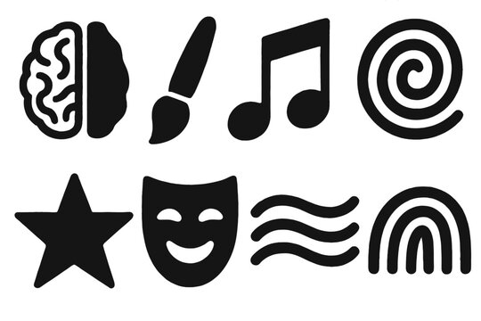 Right Brain Iconic Symbols. Right brain basics silhouette set: brain half with waves, paintbrush, musical note, abstract swirl, star, theater mask, flowing lines, rainbow arc.