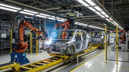 Fototapeta premium Automotive Assembly Line with Robotic Arms Welding Car Body.