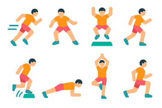 Agility Exercise Icons. Agility exercises set icons in flat icons: sprint, side shuffle, jump, pivot, hop, plank, balance pose, lunge.