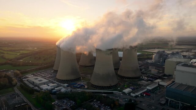 Aerial view of a group of cooling towers at a nuclear power plant in a toxic waste concept