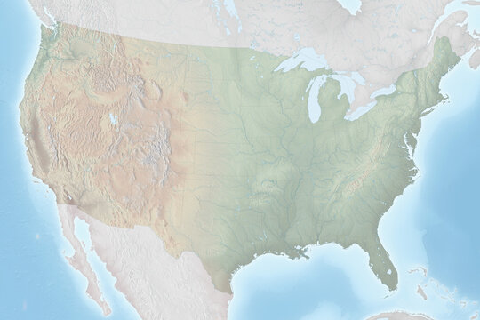 Topographic relief map of the contiguous United States showing elevation and major landforms