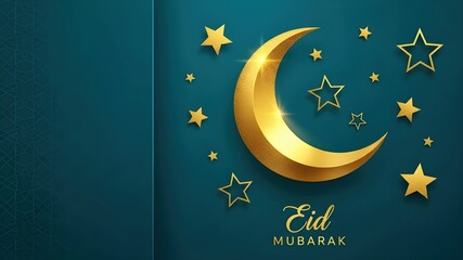 Golden Eid Mubarak Greeting: Sparkling crescent moon, scattered stars, dark teal geometric pattern background, luxury elegant design, Islamic religious festival celebration banner concept