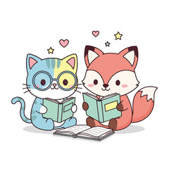 Cute Cat and Fox Reading Books Together