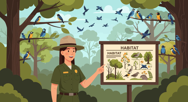 Ranger pointing at habitat sign board.