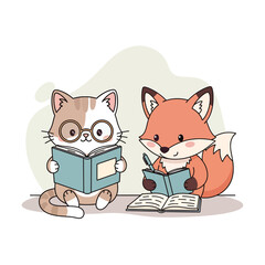 Cat and Fox Reading Together