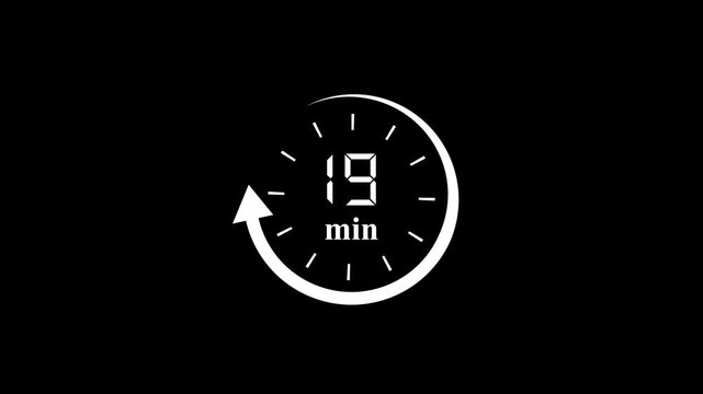 19 Minutes Clock Animation with Circular Arrow Loop on Black Background for Time Management and Deadline.