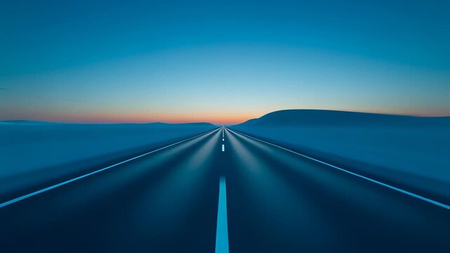 Speeding highway road driving time lapse with neon light trails transitioning from sunset to starry night in a seamless cinematic 3D animation, representing future travel and fast transportation