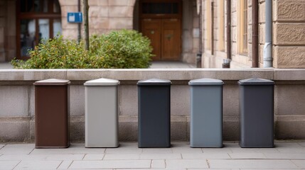 Naklejka premium Row of four trash cans lined up on a sidewalk in front of a building. the trash cans are of different colors - one is brown, one is grey, and one is black.