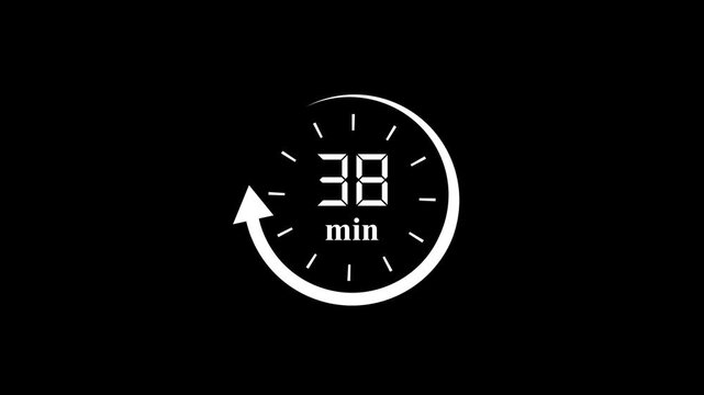 38 Minutes Clock Animation with Circular Arrow Loop on Black Background for Time Management and Deadline.
