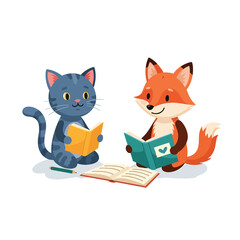 Cat and Fox Reading Together